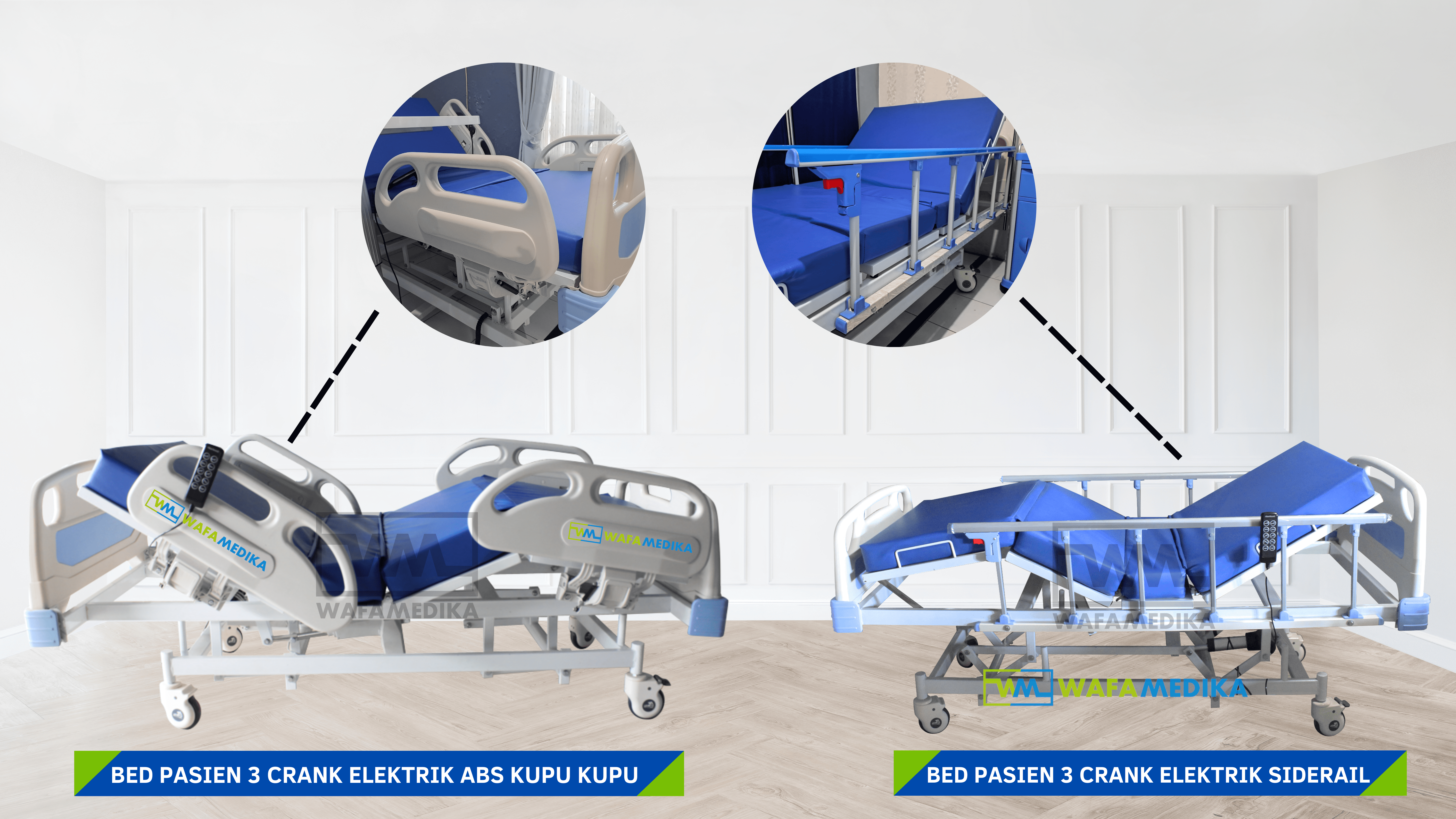 Perbedaan bed pasien 3 crank elektrik siderail dengan bed pasien 3 crank abs elektrik kupu kupu