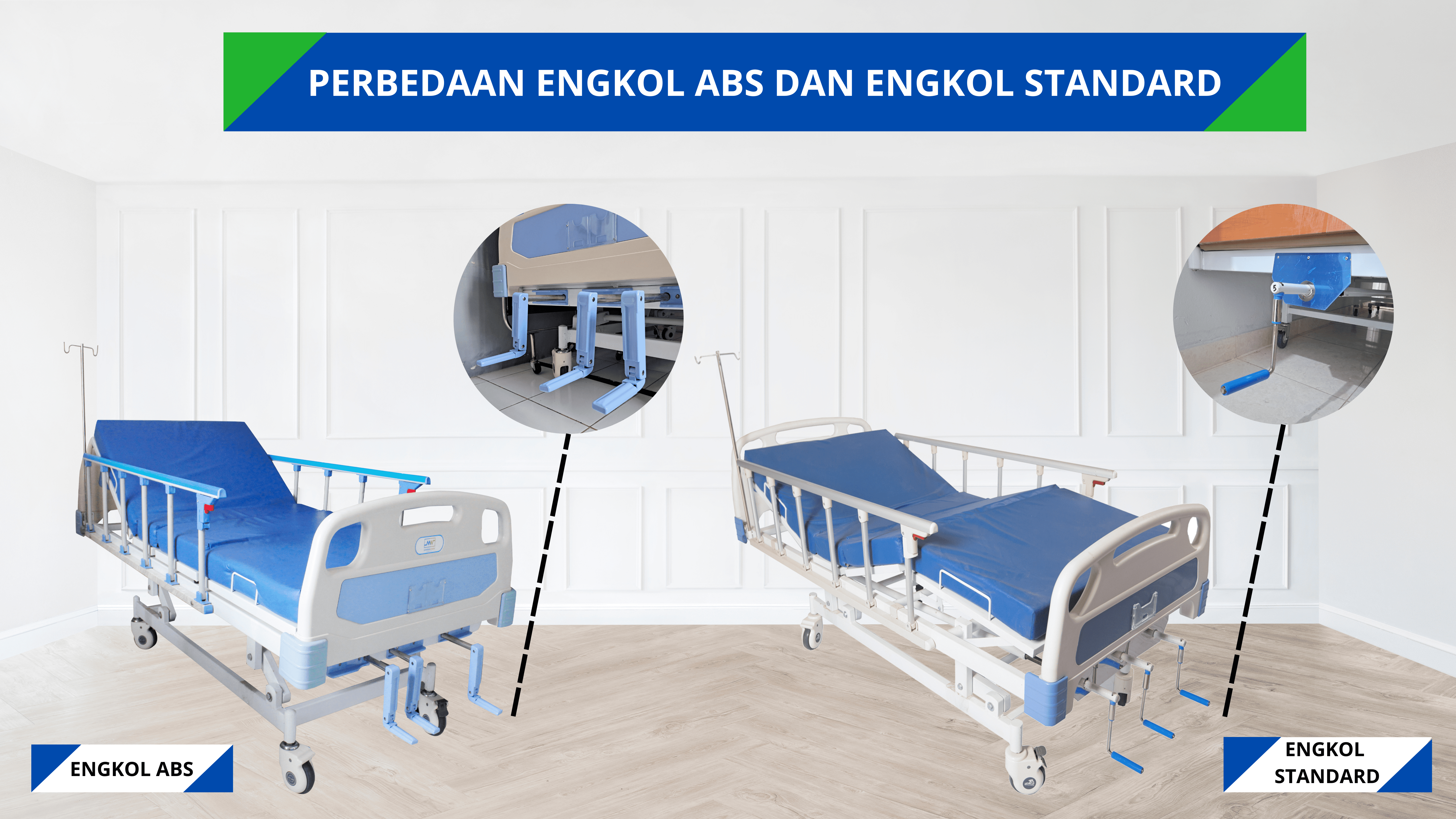 Perbedaan engkol abs dan engkol standard pada bed pasien