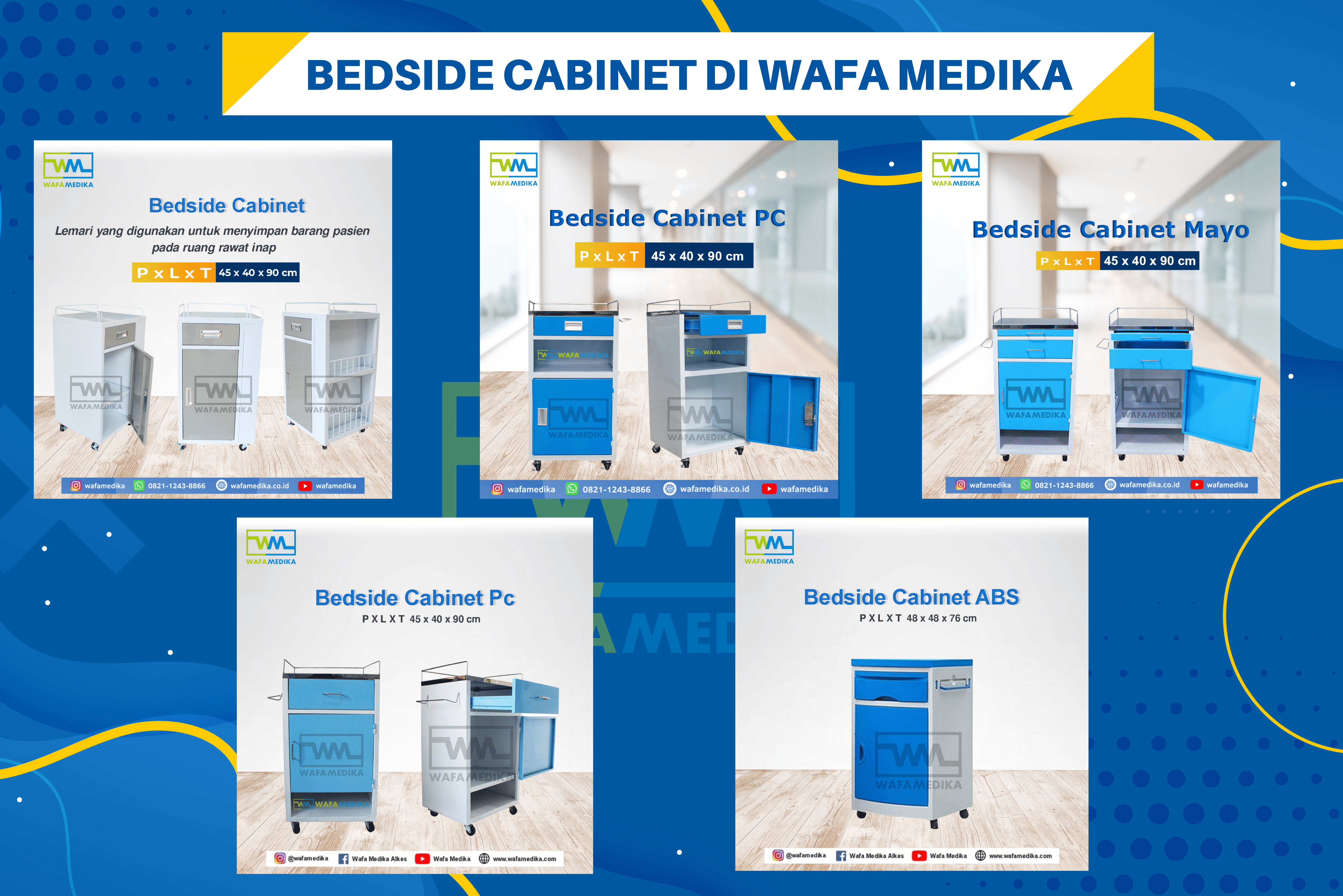 Bedside cabinet serbaguna untuk penyimpanan barang dan peralatan pasien